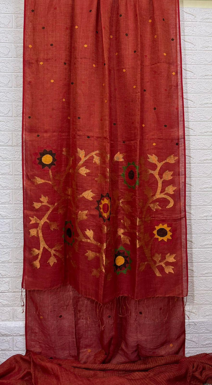 Red colour zari linen handwoven jamdani saree - Tamal Boutique