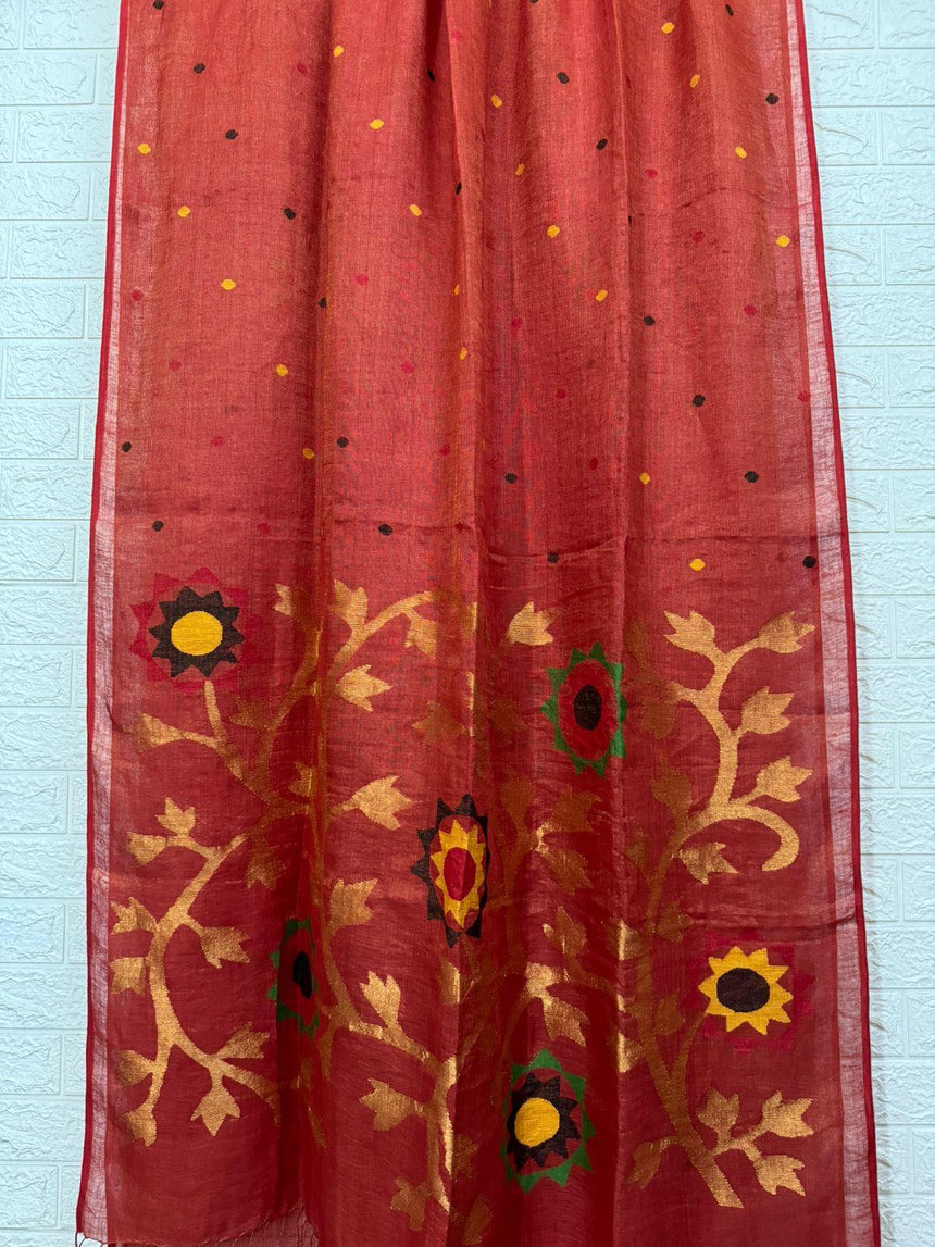 Red colour zari linen handwoven jamdani saree - Tamal Boutique