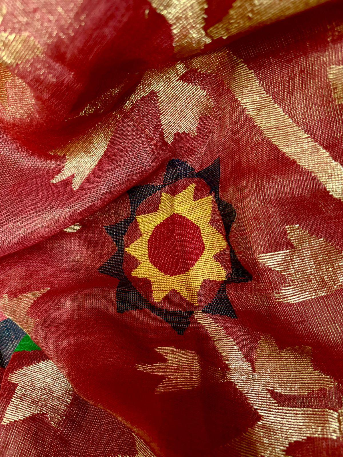 Red colour zari linen handwoven jamdani saree - Tamal Boutique