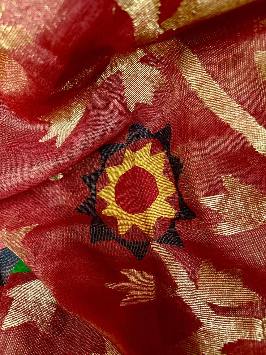 Red colour zari linen handwoven jamdani saree - Tamal Boutique