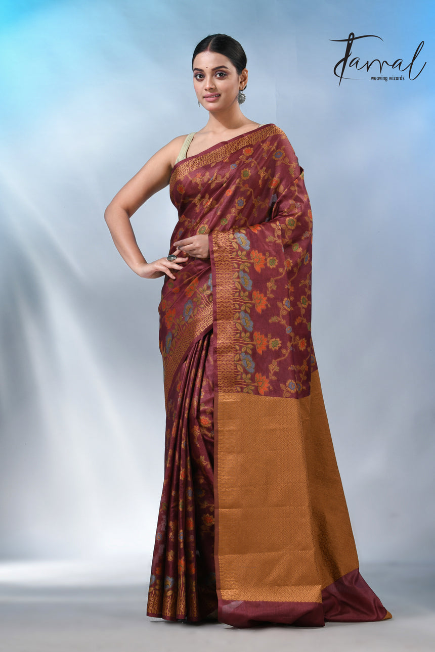 Reddish brown allover handloom tussar banarasi silk saree