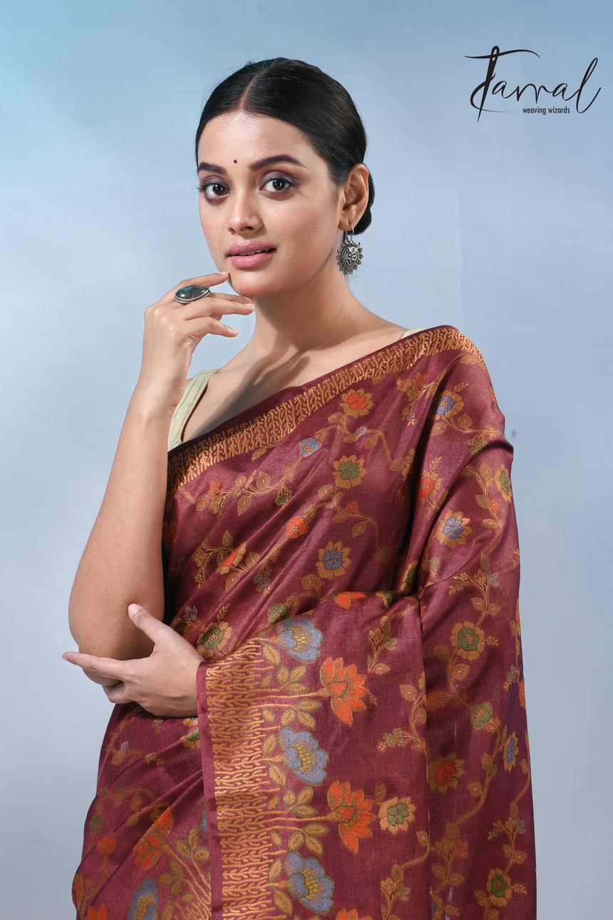 Reddish brown allover handloom tussar banarasi silk saree