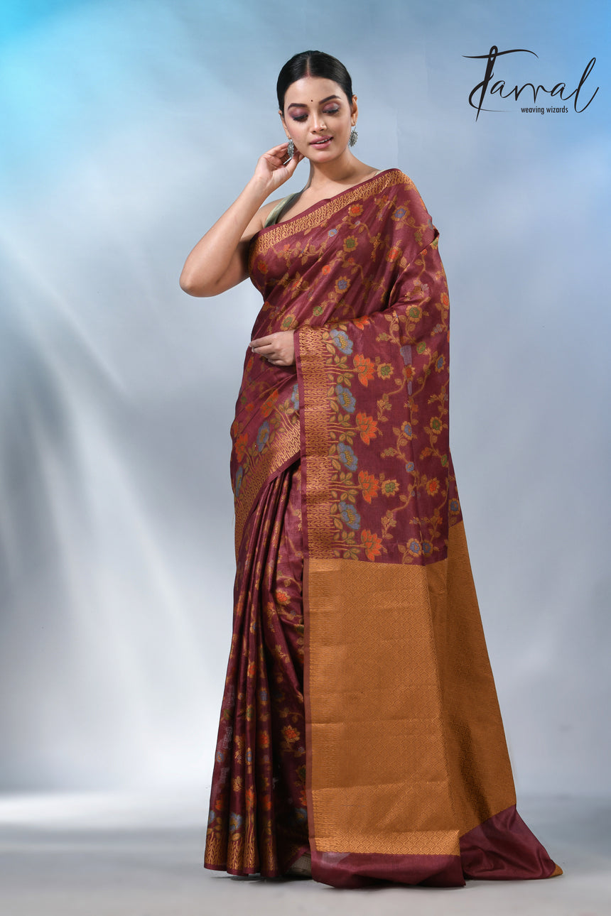 Reddish brown allover handloom tussar banarasi silk saree