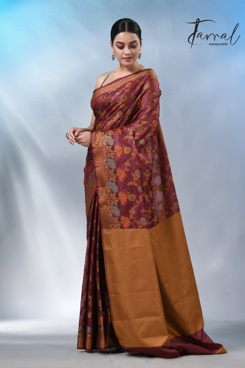 Reddish brown allover handloom tussar banarasi silk saree