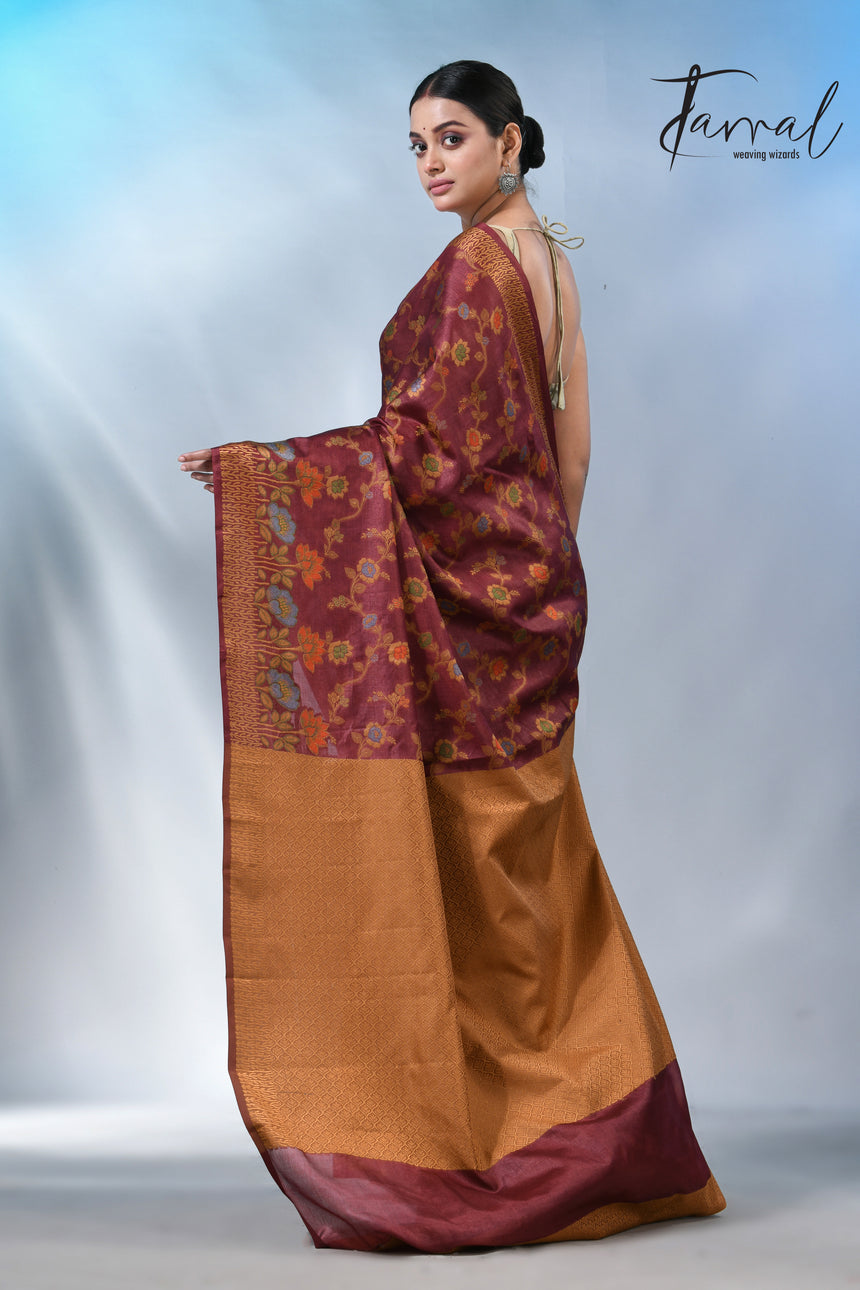 Reddish brown allover handloom tussar banarasi silk saree