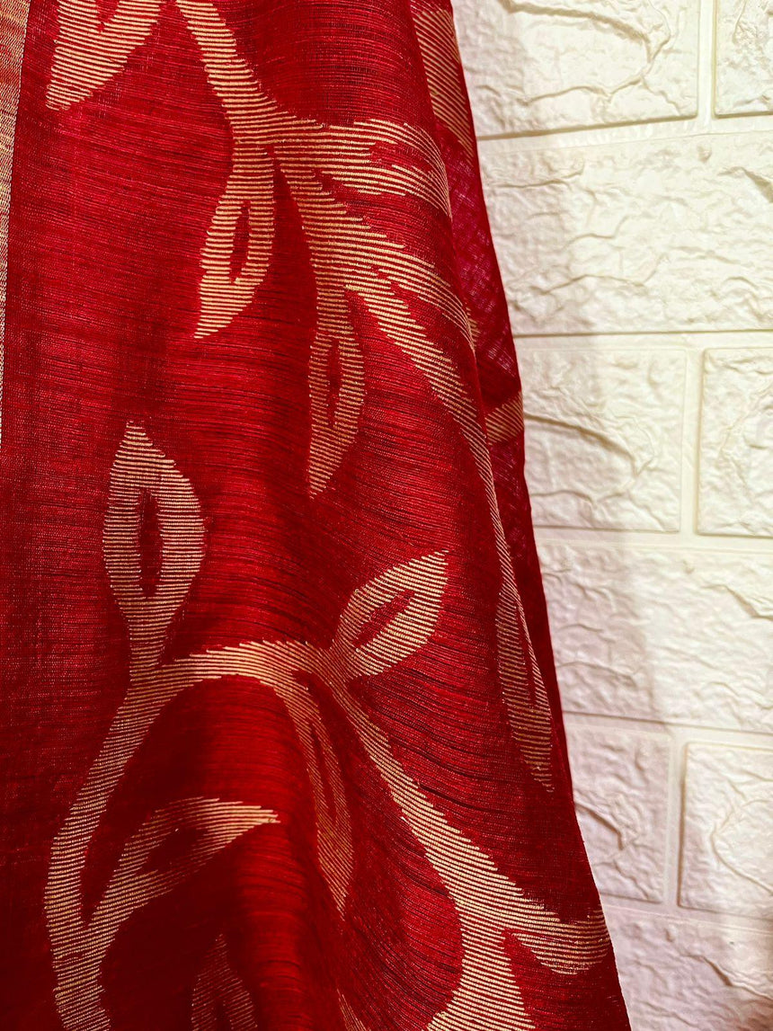 Red hot with golden zari border matka silk handwoven jamdani saree - Tamal Boutique
