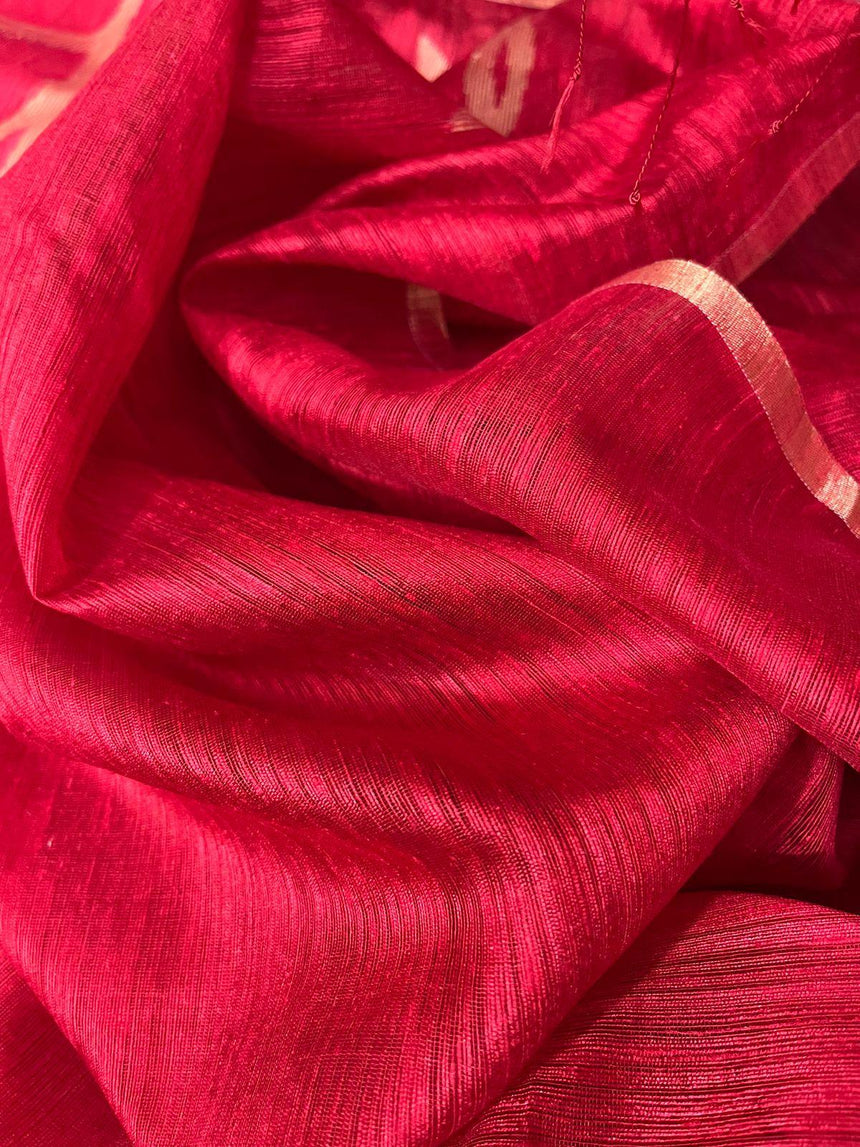 Red hot with golden zari border matka silk handwoven jamdani saree - Tamal Boutique