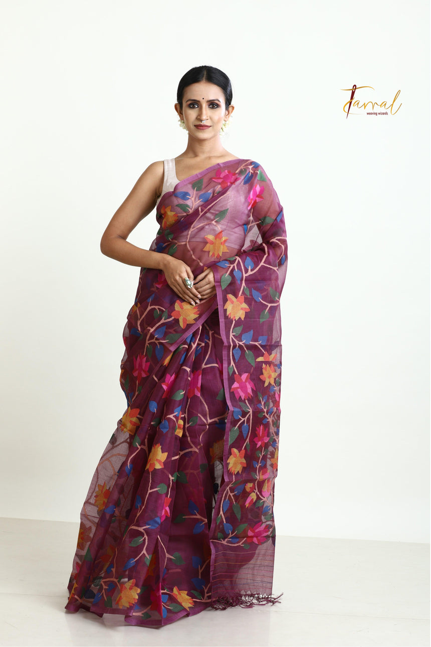 Rose Brown with multi colour allover 108 lotus motifs muslin silk handwoven jamdani saree - Tamal Boutique