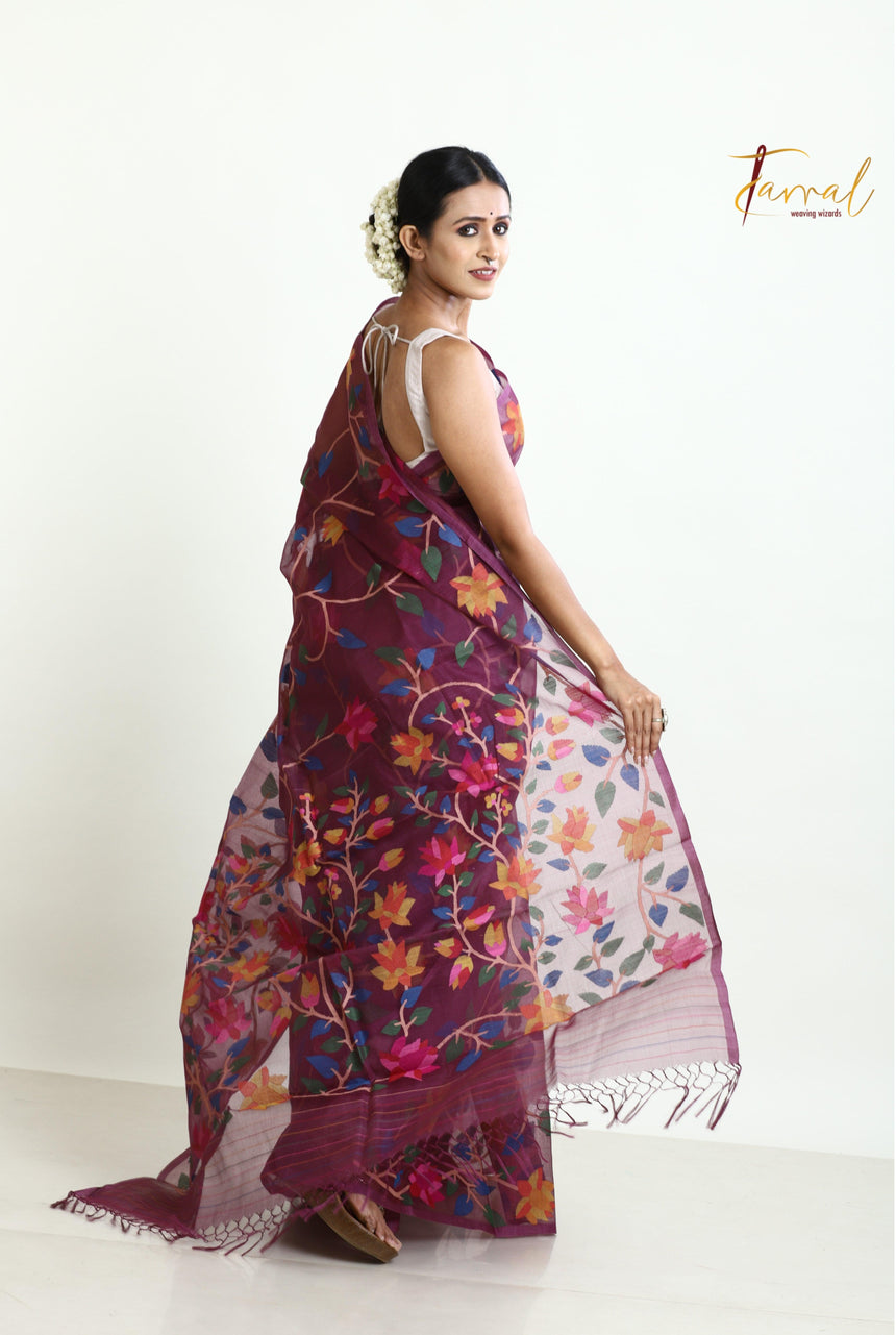 Rose Brown with multi colour allover 108 lotus motifs muslin silk handwoven jamdani saree - Tamal Boutique