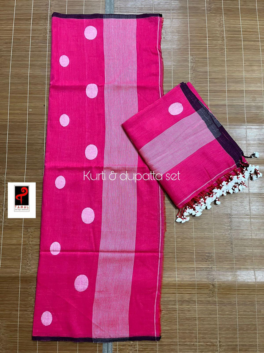 Rose pink with white colour palka dot cotton handwoven jamadani kurti & dupatta set - Tamal Boutique