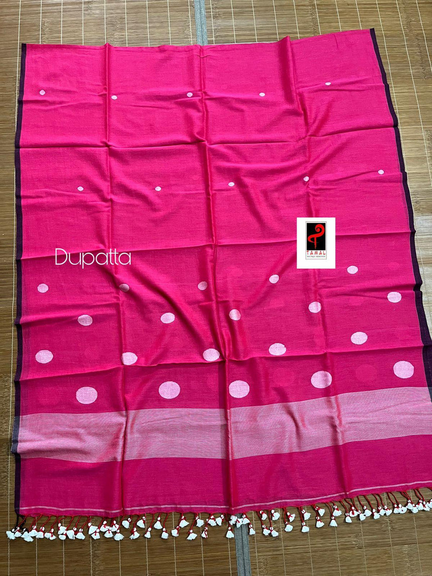 Rose pink with white colour palka dot cotton handwoven jamadani kurti & dupatta set - Tamal Boutique