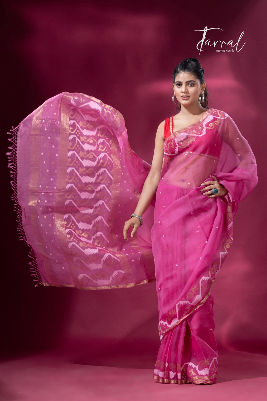 Rose pink with zari border traditional dhakai handwoven jamdani saree - Tamal Boutique