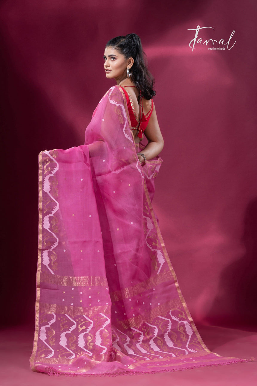 Rose pink with zari border traditional dhakai handwoven jamdani saree - Tamal Boutique