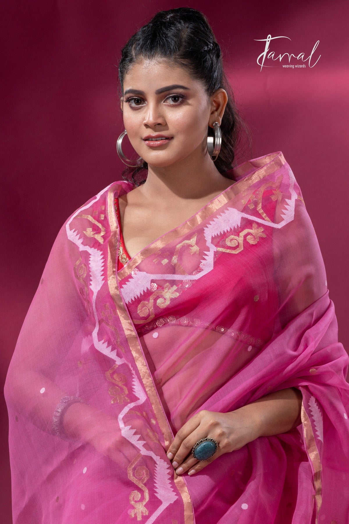 Rose pink with zari border traditional dhakai handwoven jamdani saree - Tamal Boutique
