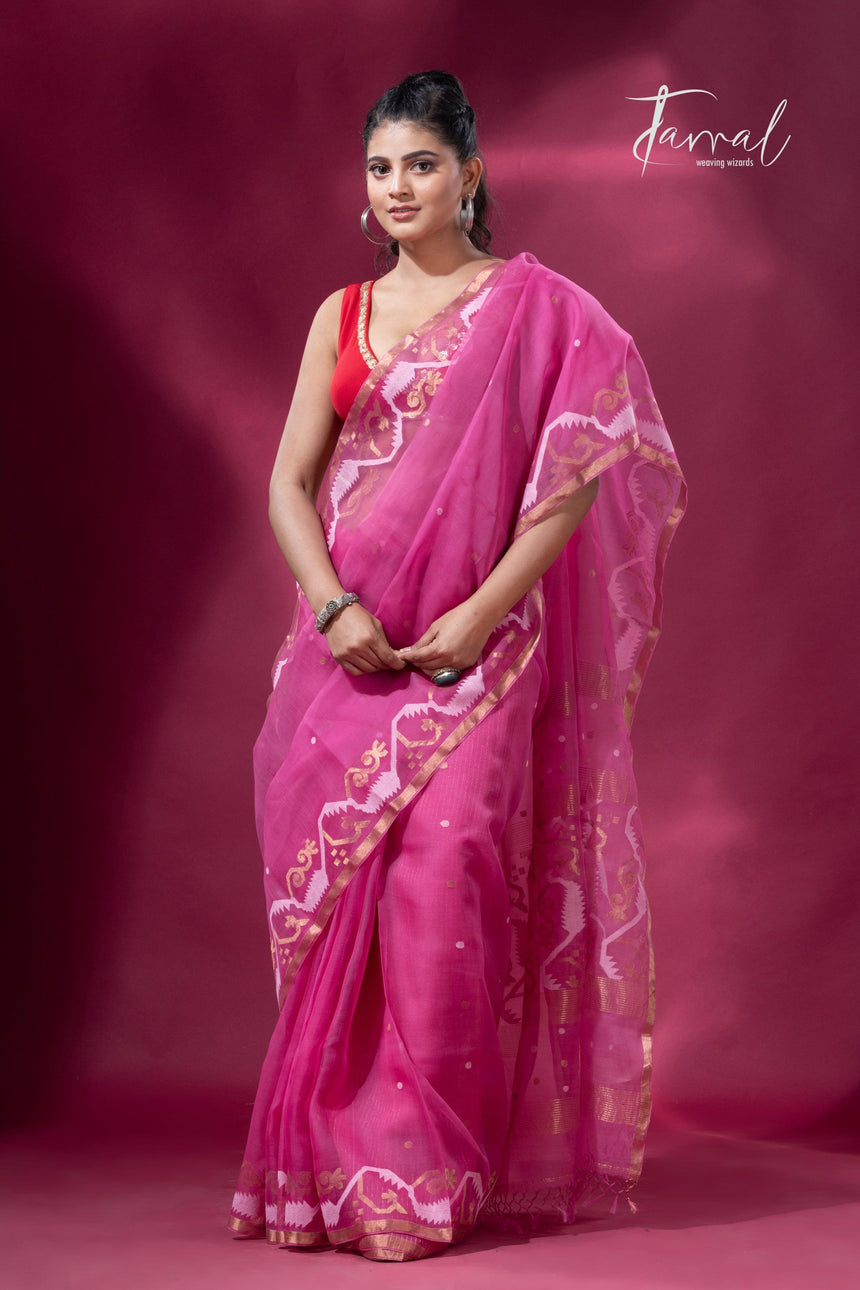 Rose pink with zari border traditional dhakai handwoven jamdani saree - Tamal Boutique