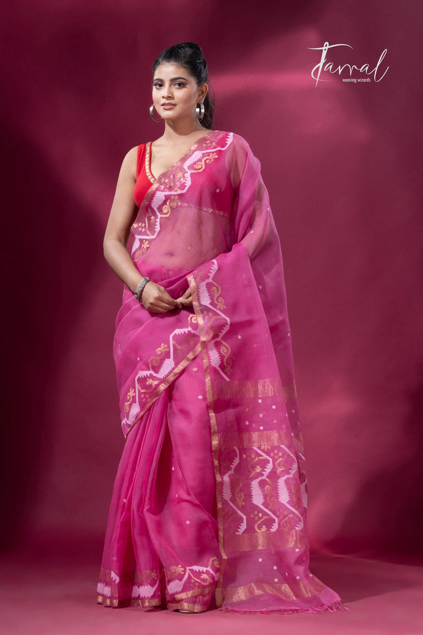 Rose pink with zari border traditional dhakai handwoven jamdani saree - Tamal Boutique