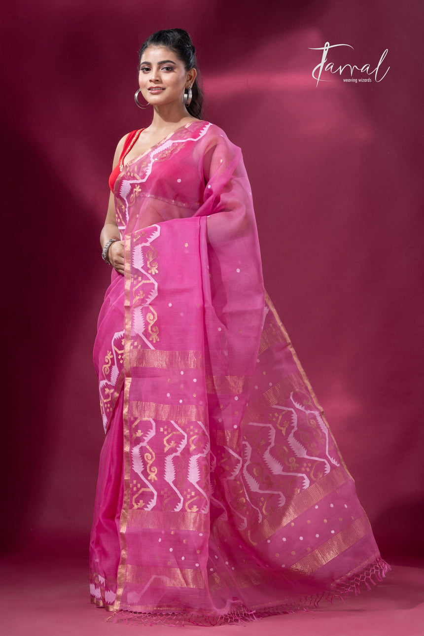 Rose pink with zari border traditional dhakai handwoven jamdani saree - Tamal Boutique