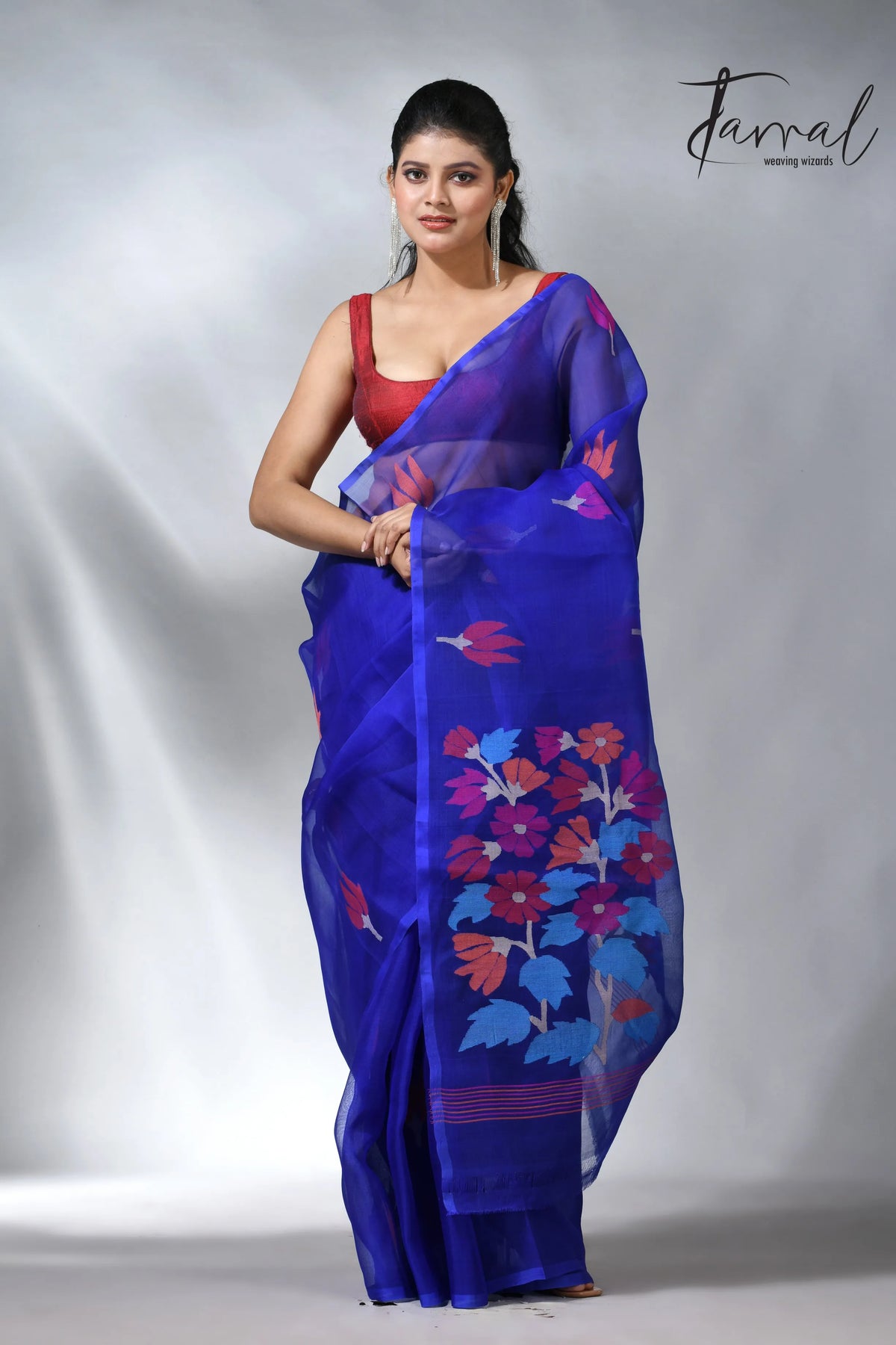 Royal blue pallu floral handwoven jamadani muslin silk saree