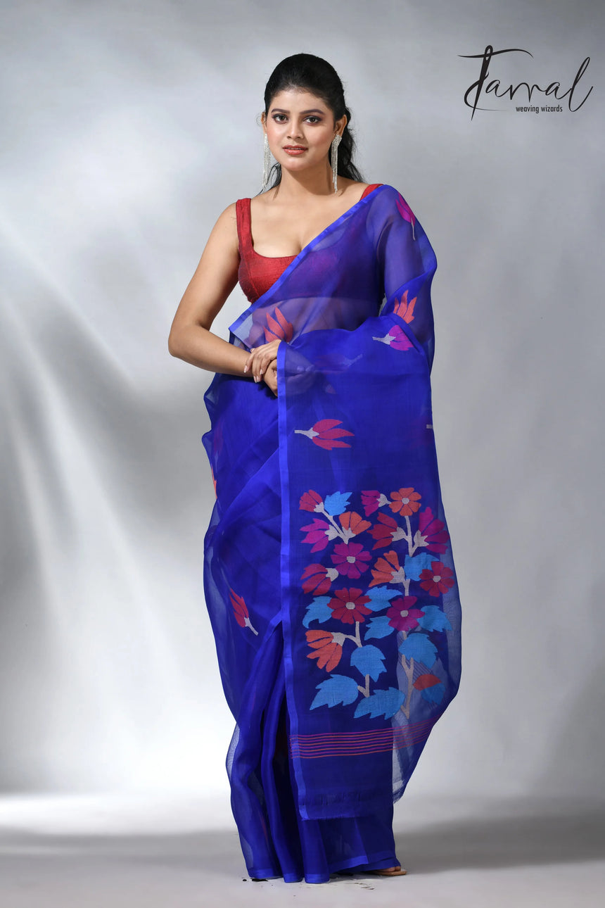Royal blue pallu floral handwoven jamadani muslin silk saree
