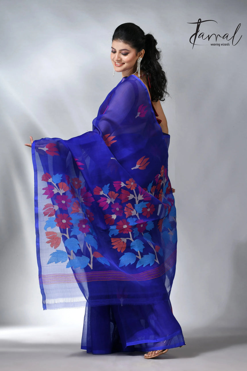 Royal blue pallu floral handwoven jamadani muslin silk saree