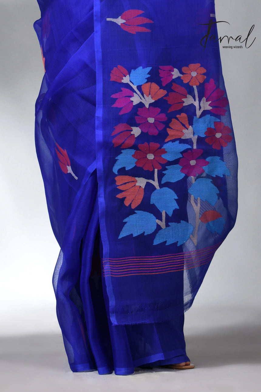 Royal blue pallu floral handwoven jamadani muslin silk saree