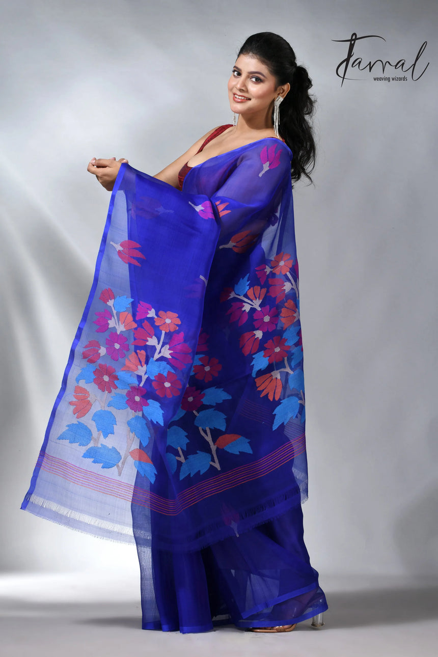 Royal blue pallu floral handwoven jamadani muslin silk saree