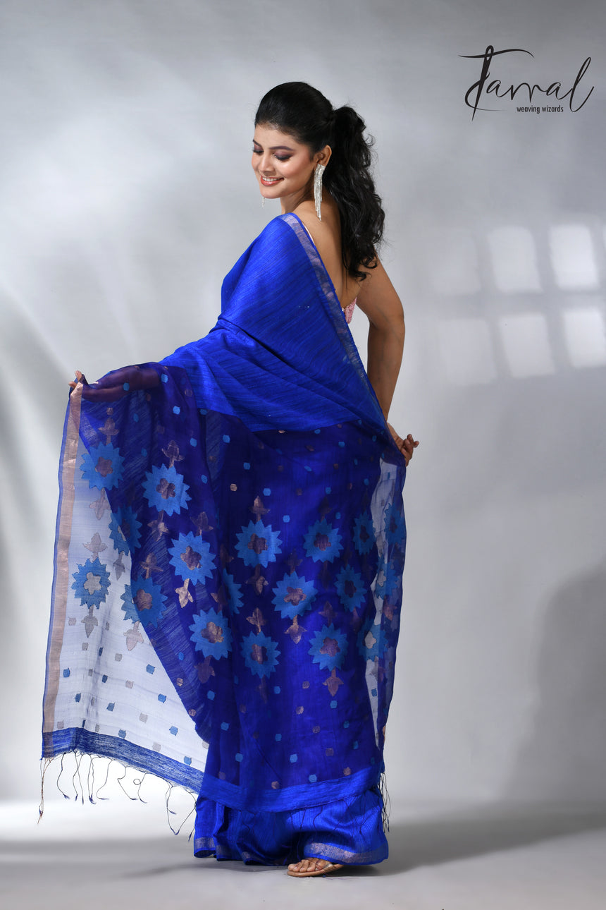 Royal blue with zari border matka silk handwoven jamdani saree