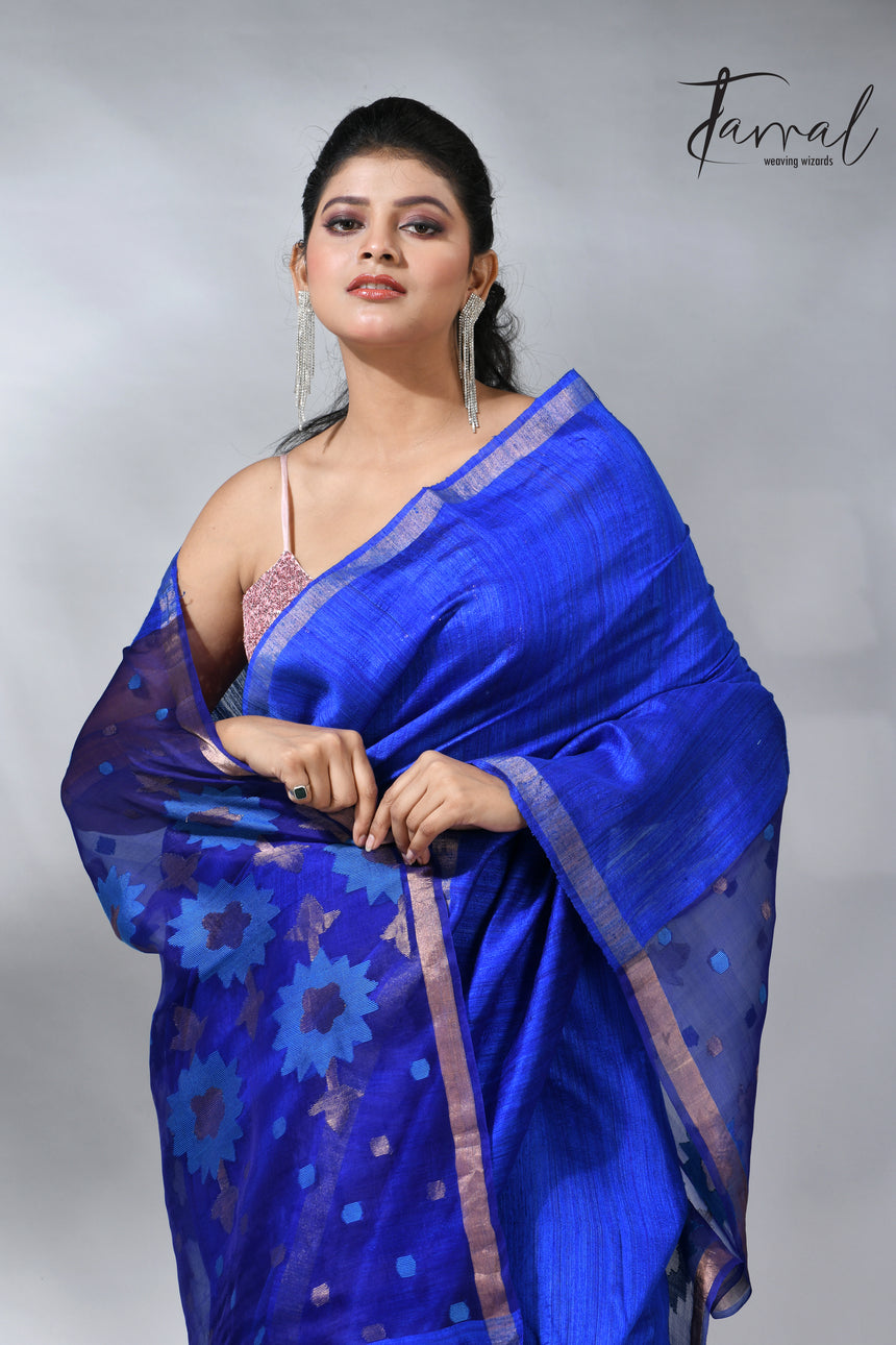 Royal blue with zari border matka silk handwoven jamdani saree