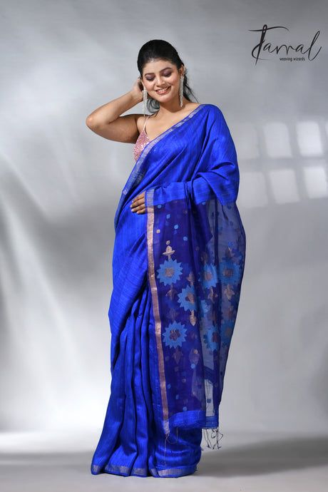 Royal blue with zari border matka silk handwoven jamdani saree
