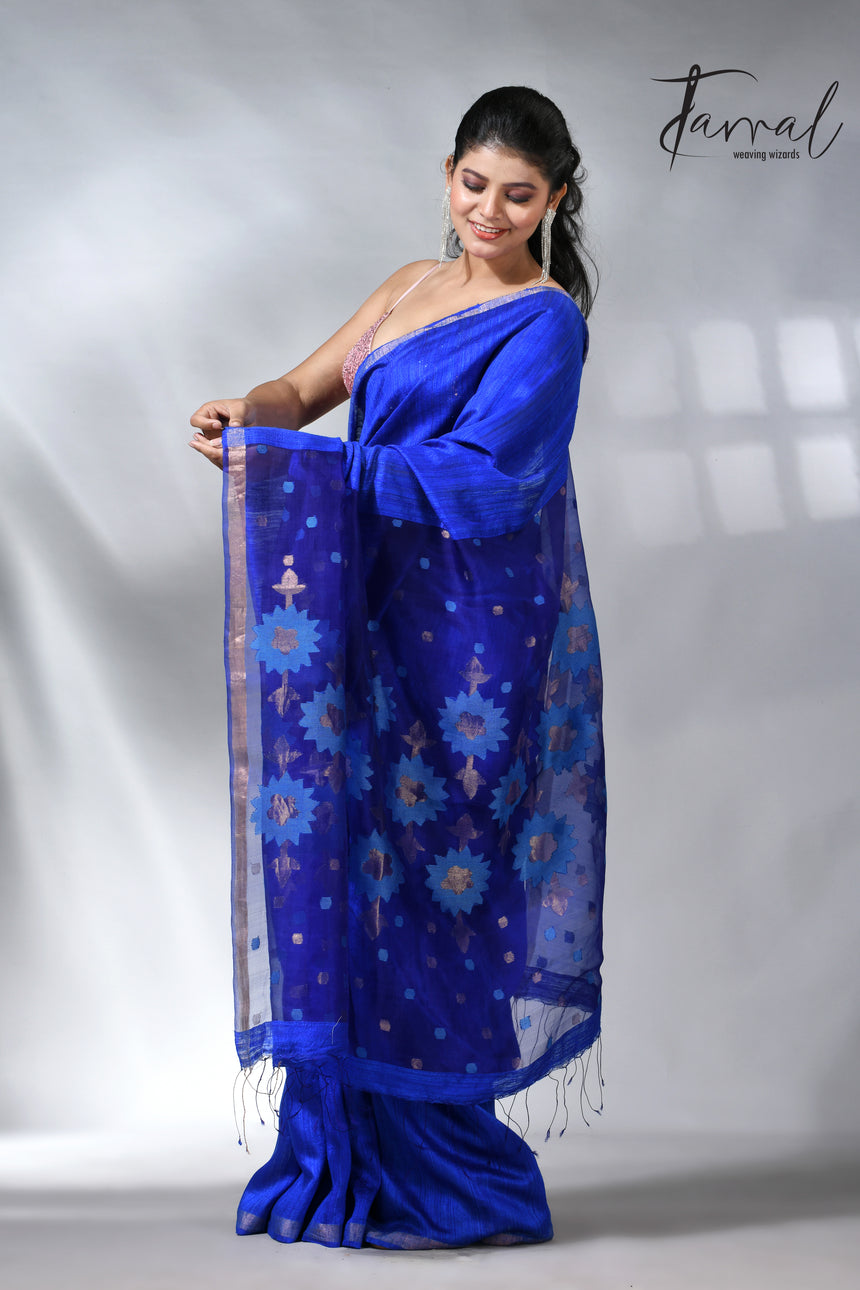 Royal blue with zari border matka silk handwoven jamdani saree