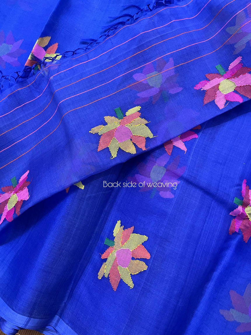 Royal blue with multi colour lotus motifs handwoven jamadani silk saree - Tamal Boutique