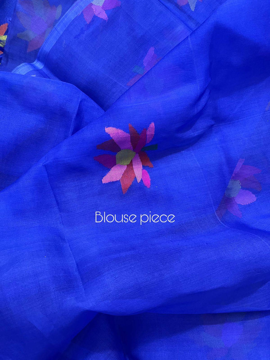 Royal blue with multi colour lotus motifs handwoven jamadani silk saree - Tamal Boutique
