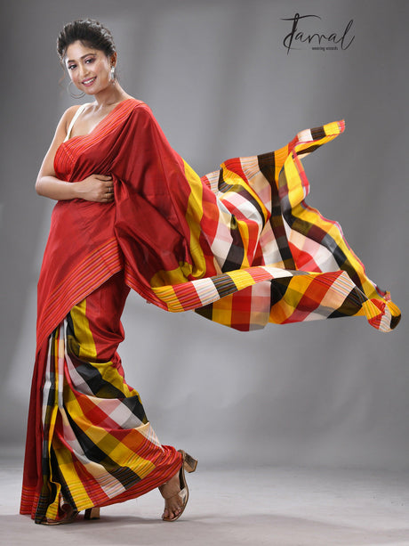 Ruby red with multi color pure katan silk patli pallu saree