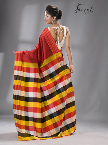 Ruby red with multi color pure katan silk patli pallu saree