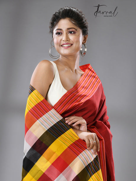 Ruby red with multi color pure katan silk patli pallu saree