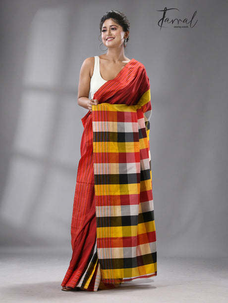 Ruby red with multi color pure katan silk patli pallu saree