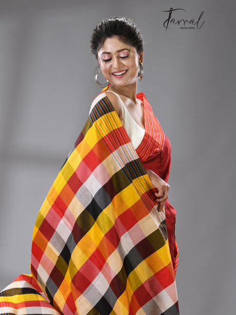 Ruby red with multi color pure katan silk patli pallu saree