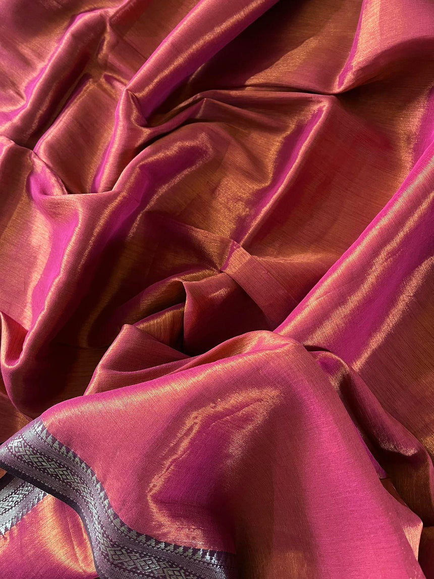 Rust colour Silver border tissue handloom saree - Tamal Boutique