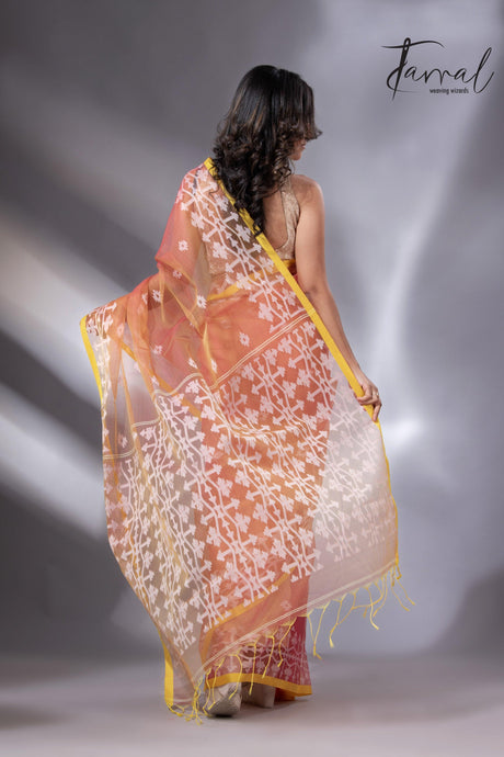 Rustic Yellow border organza muslin handloom jacquard jamdani saree back
