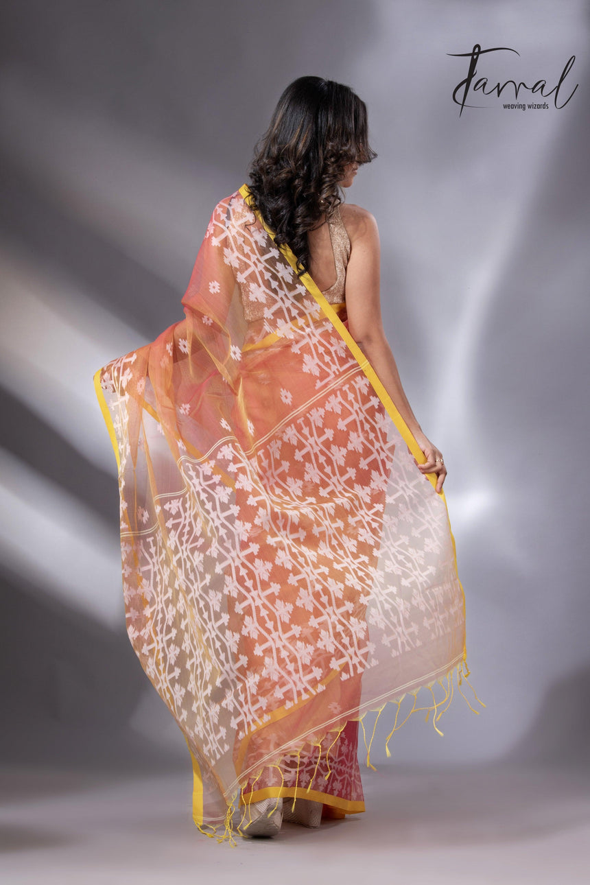 Rustic Yellow border organza muslin handloom jacquard jamdani saree back
