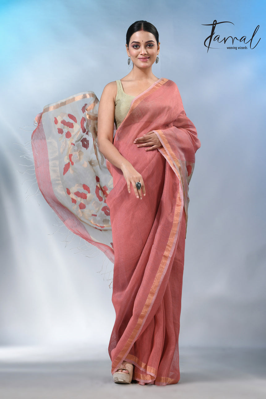 Rust with zari border pure silk linen handwoven jamdani saree
