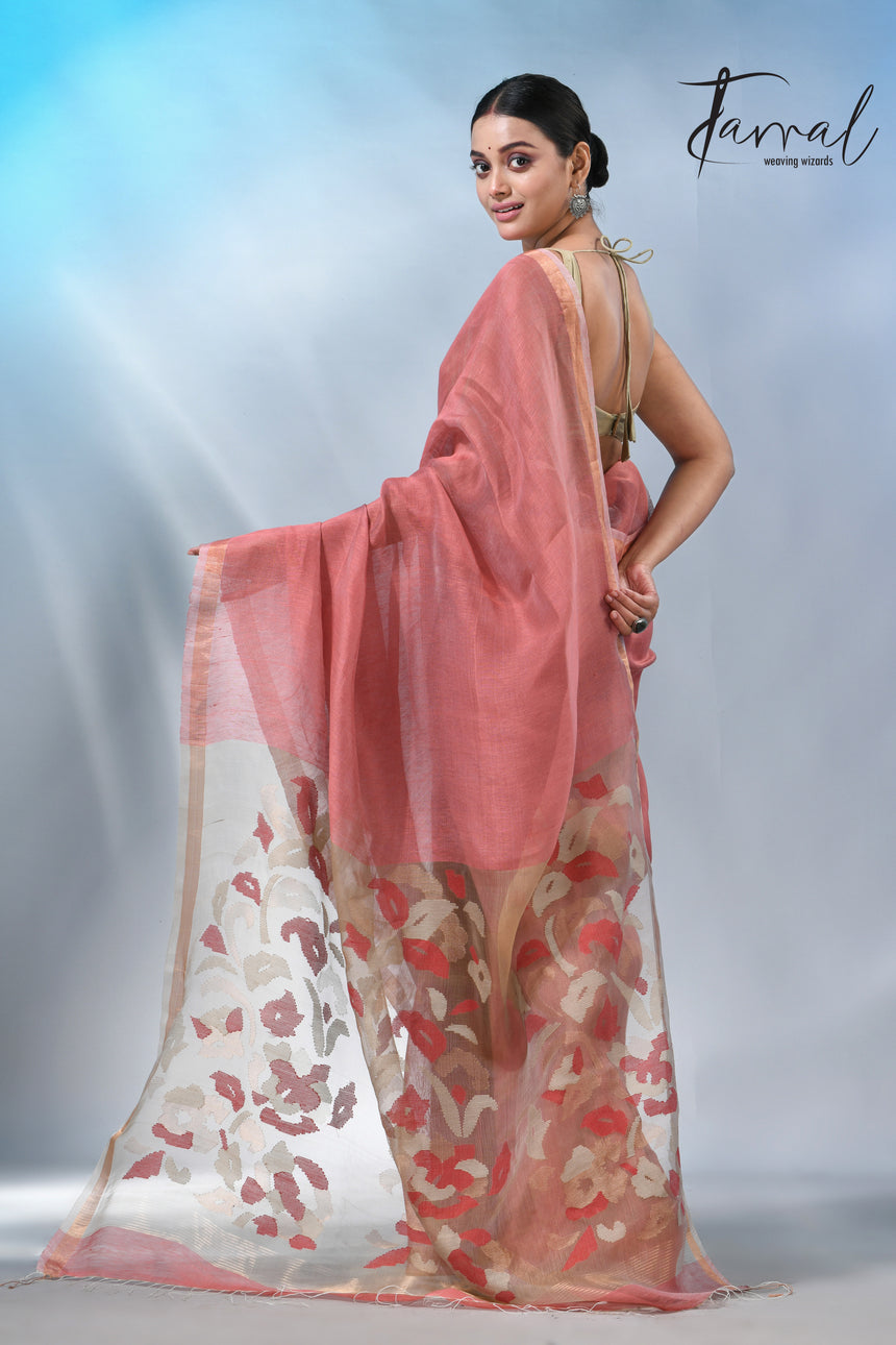 Rust with zari border pure silk linen handwoven jamdani saree