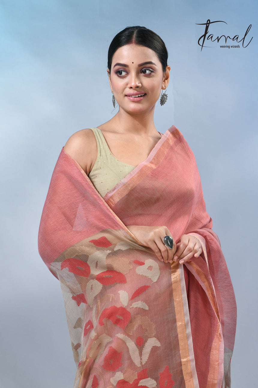 Rust with zari border pure silk linen handwoven jamdani saree