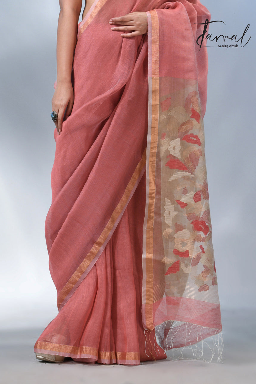 Rust with zari border pure silk linen handwoven jamdani saree