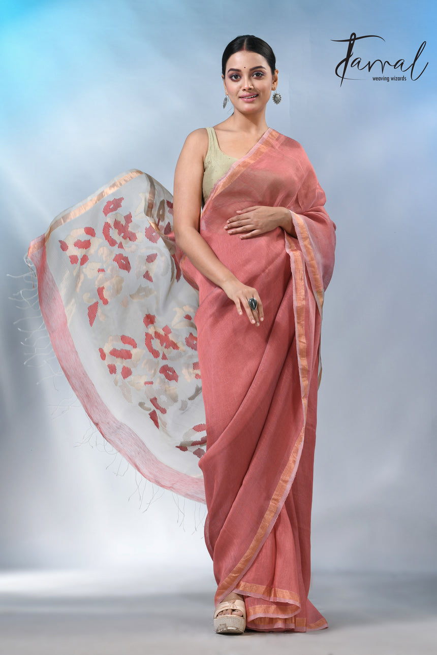 Rust with zari border pure silk linen handwoven jamdani saree