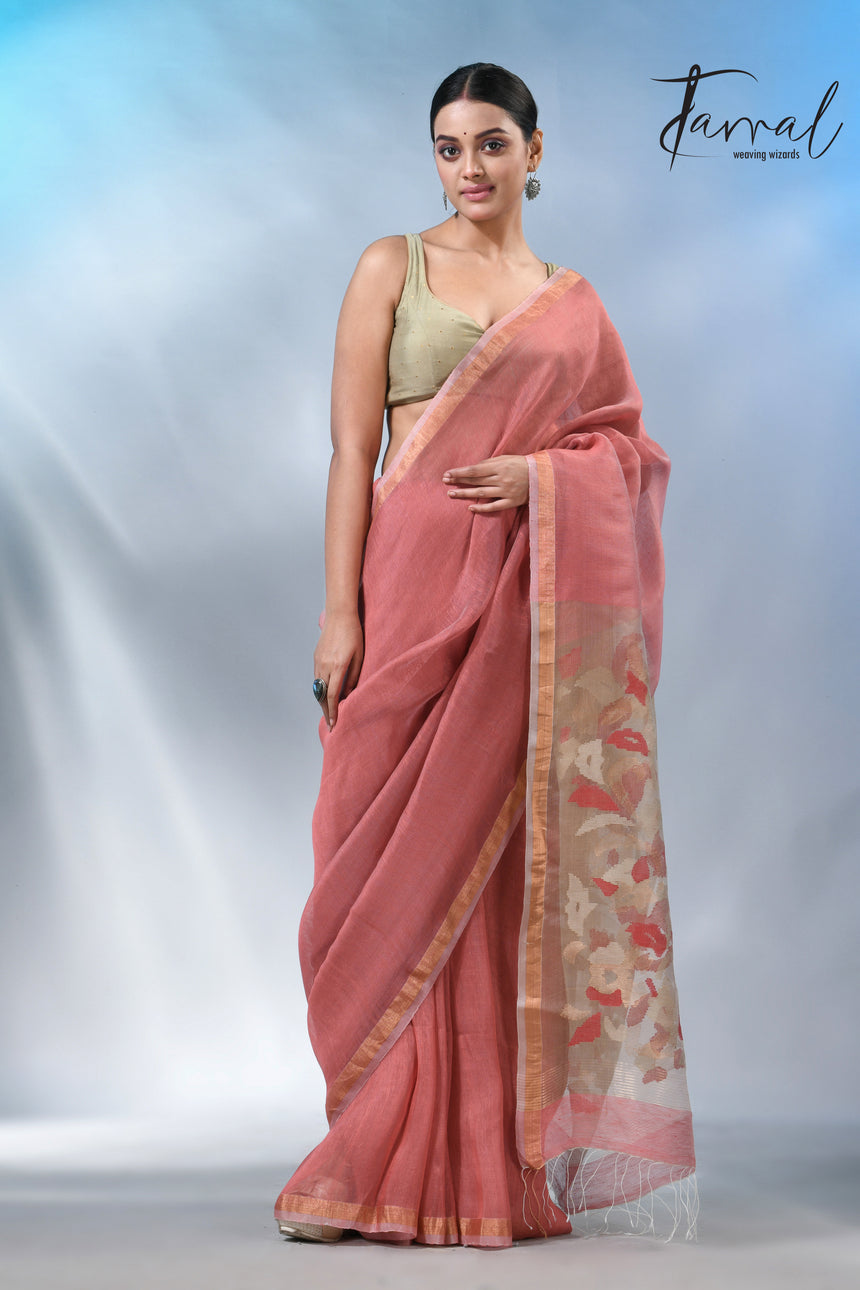 Rust with zari border pure silk linen handwoven jamdani saree