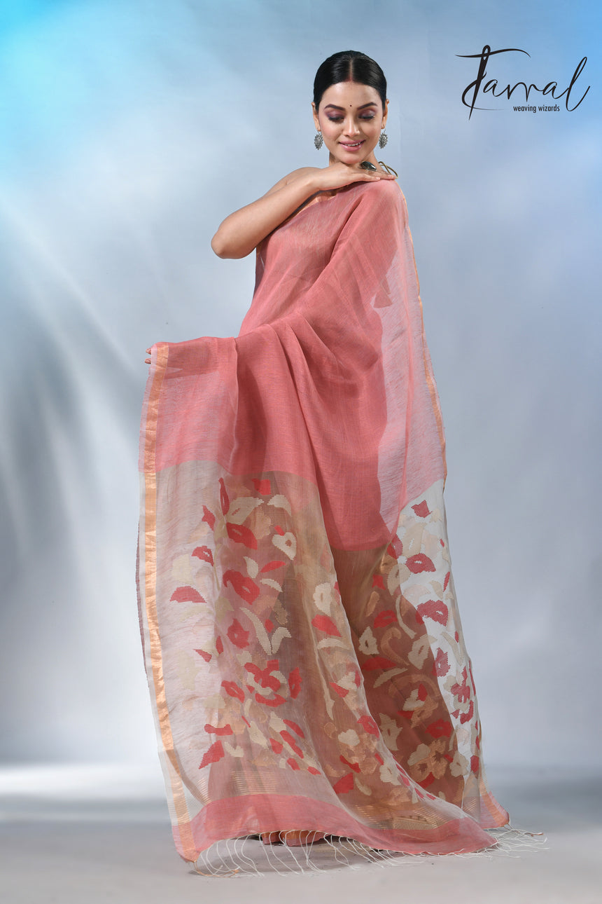 Rust with zari border pure silk linen handwoven jamdani saree