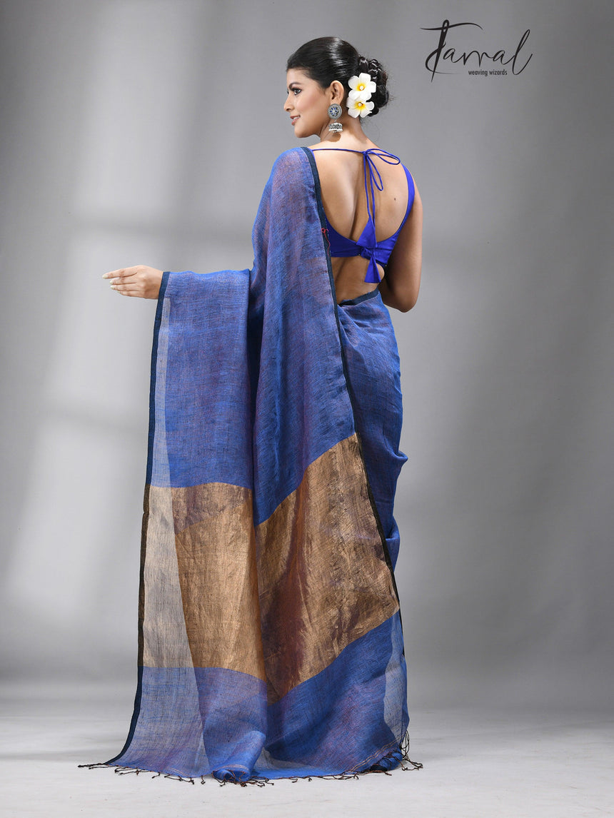 Blue colour Dhala zari linen handloom saree - Tamal Boutique