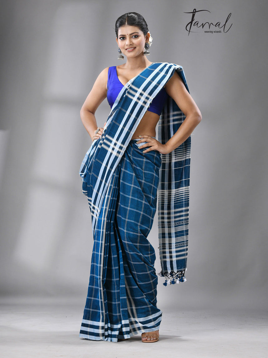 Firoza with white border check bhujoudi cotton handloom saree - Tamal Boutique