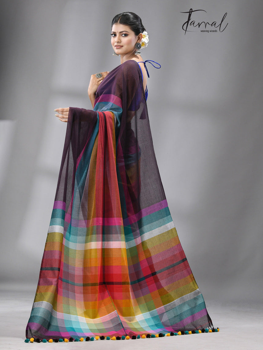Brown with rainbow combination mul cotton handloom saree - Tamal Boutique